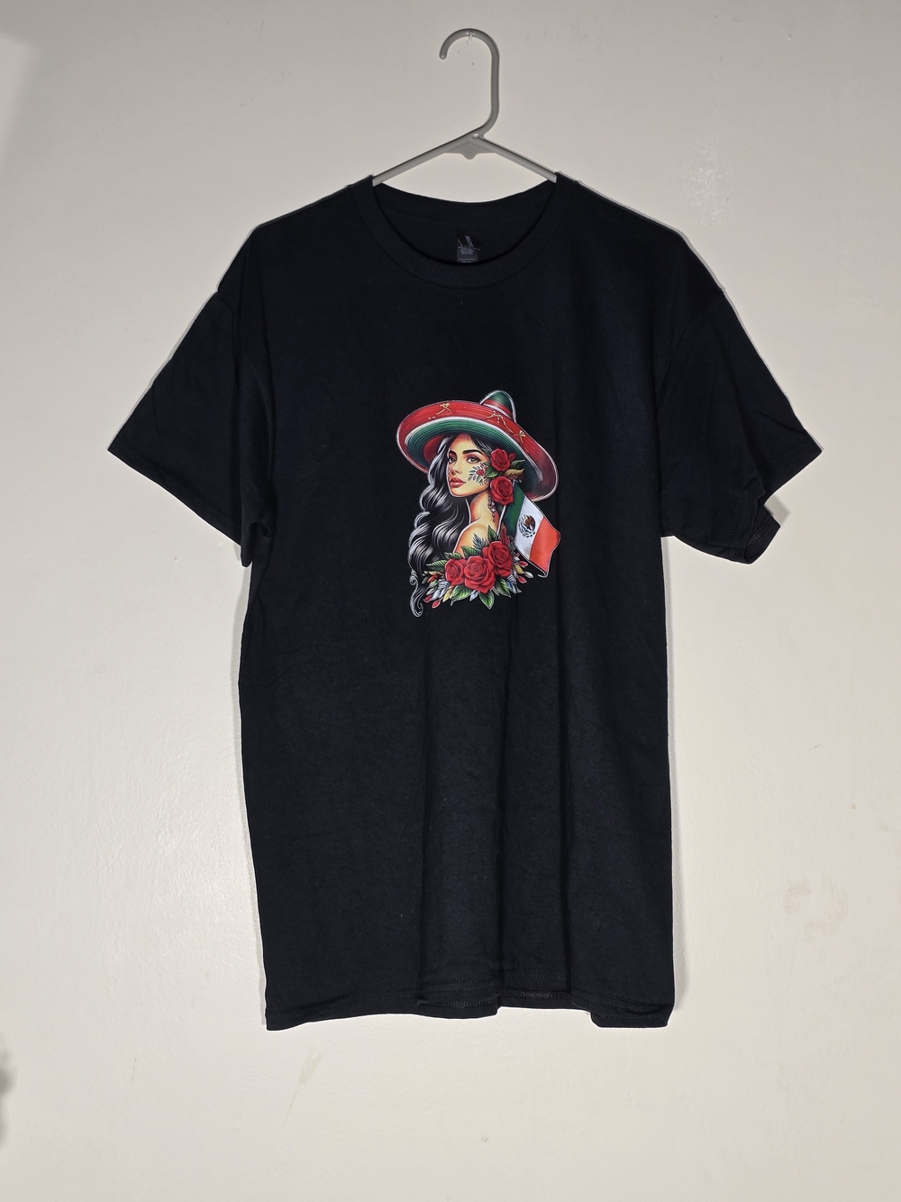 Black Graphic Short Sleeve Tee with Floral Sombrero Artwork